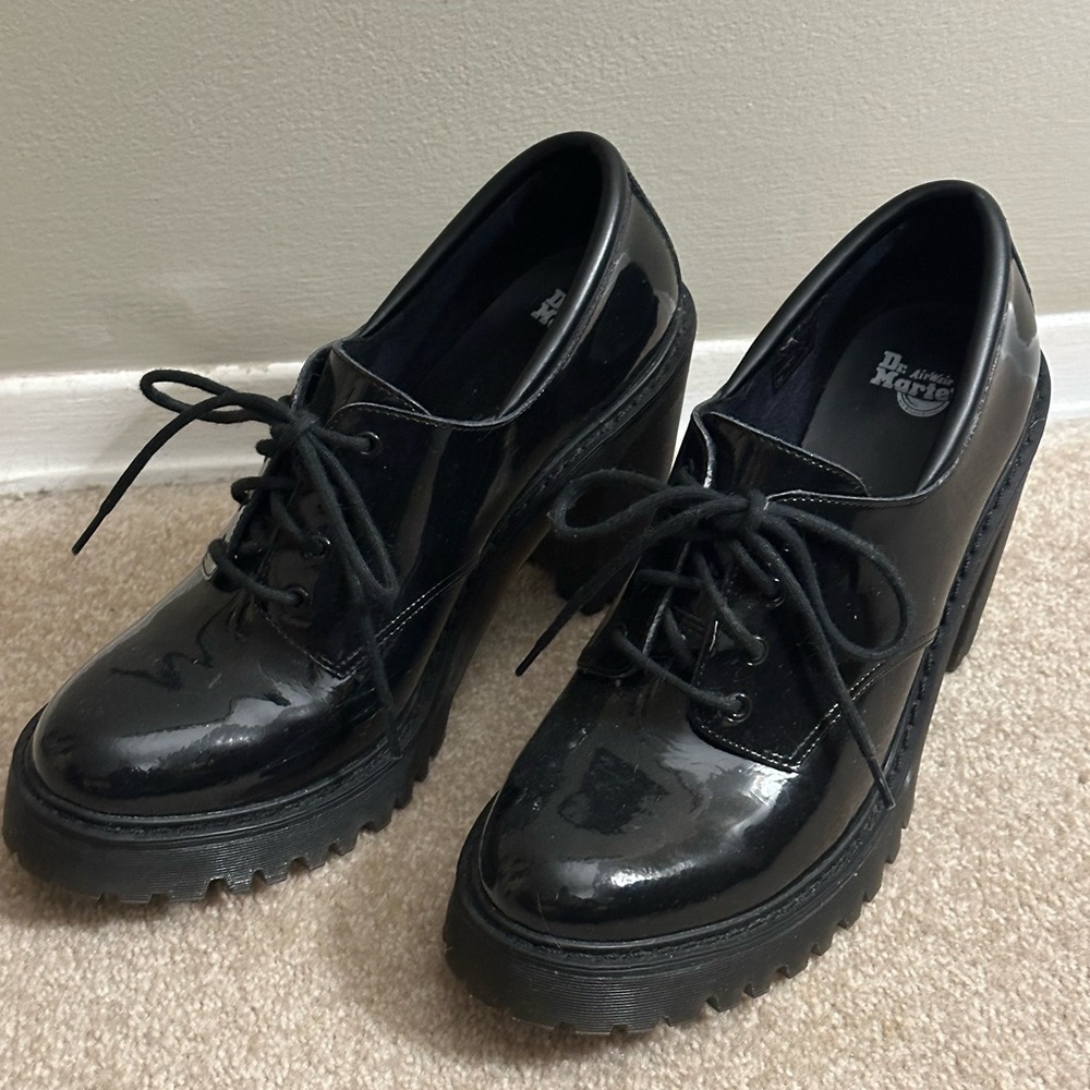 Dr. Martens Black Patent Leather Lug Heel Oxfords